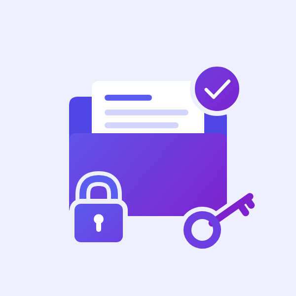A folder with a tick, a key and a padlock: the work is yours and you hold the keys.